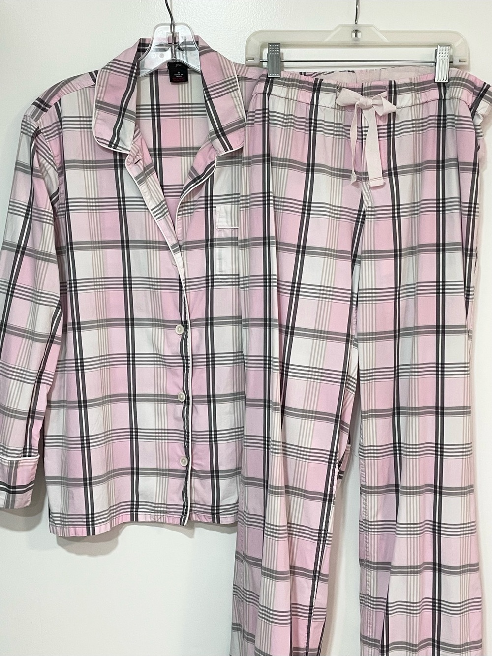 J. Crew Plaid Cotton Sleep Pajamas Top Pants  2 Piece PJ SET Size S Pink Grey